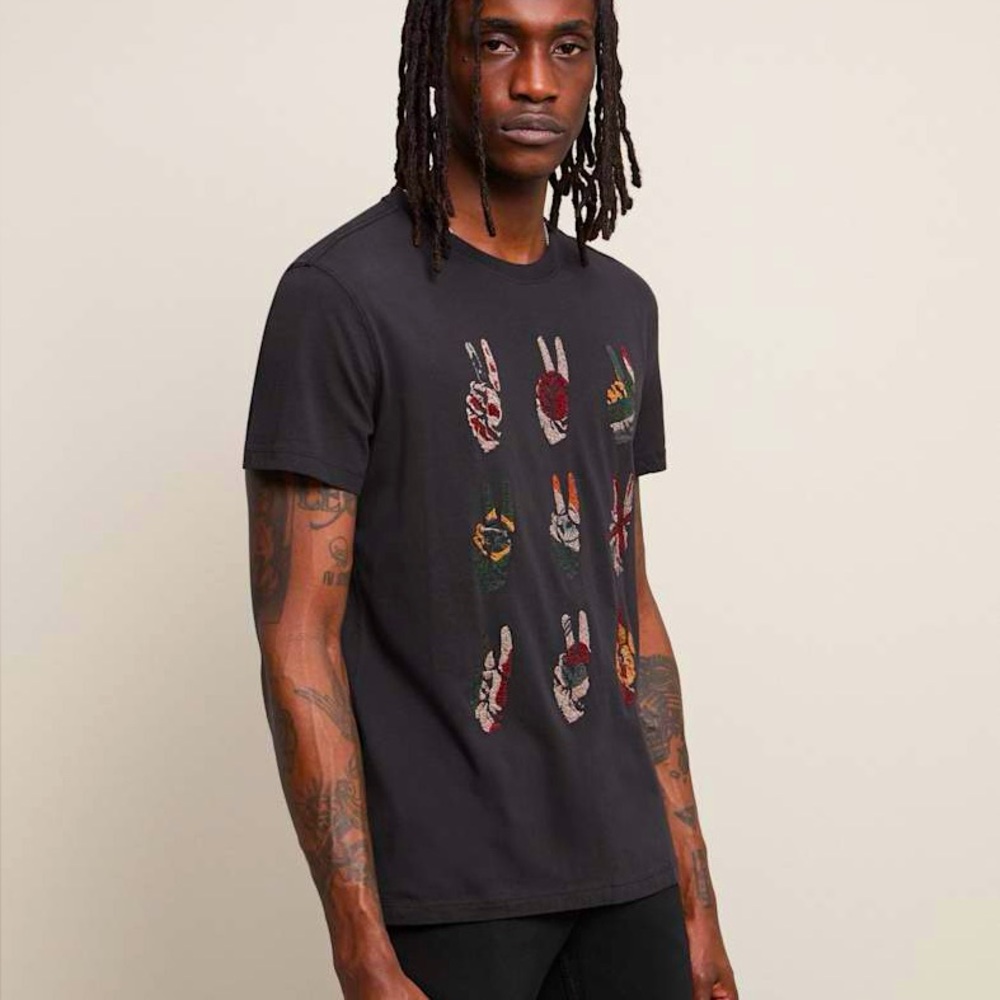John Varvatos XL Black Multi Peace Hand Tee 100% Cotton Statement Luxury T-Shirt